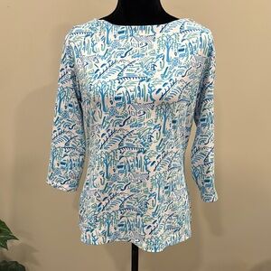 J. McLaughlin 3/4 Sleeve Boat Neckline Catalina Cloth Top in White & Blue Print